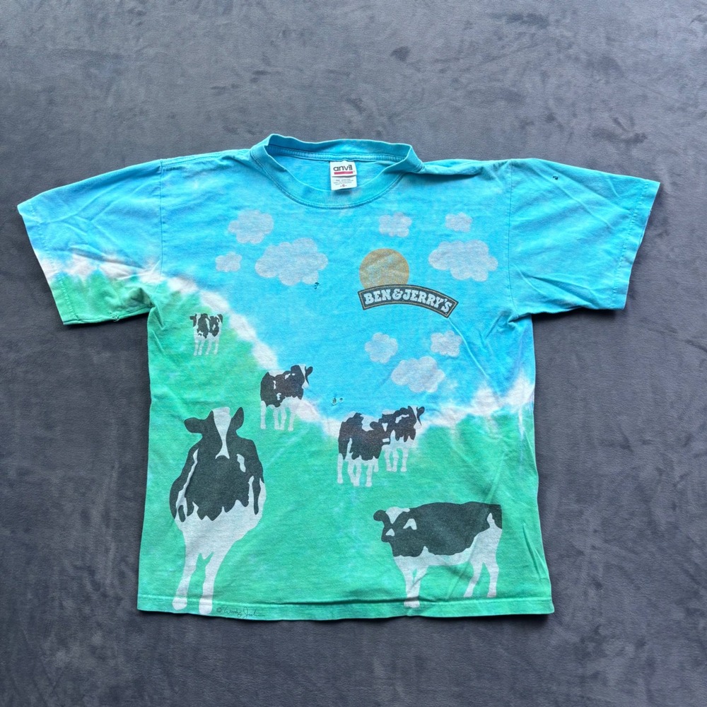 Vintage Ben & Jerrys Euphoria Cow Tie Dye T-Shirt Anvil Blue Green Small 90s